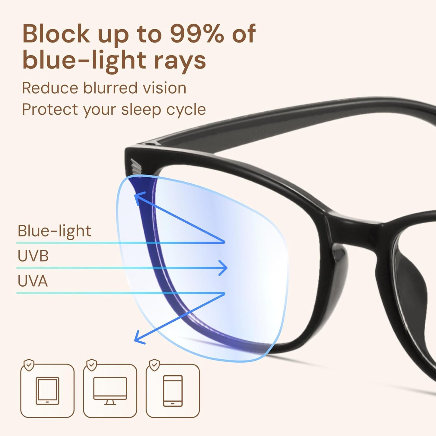 Stylish Blue Light Glasses for Woman - Computer Glasses 99% Blue Light Blocking - Lightweight TR90 Frames - 3 Pack